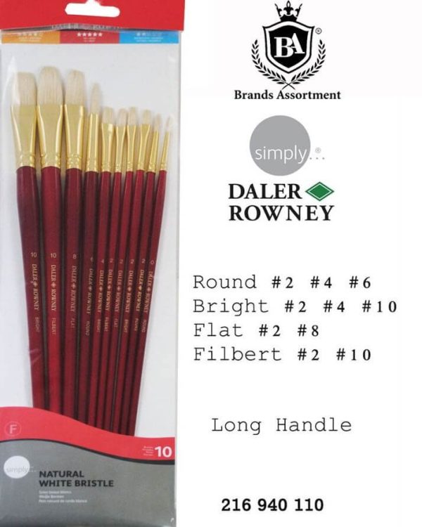 Daler Rowney Simply "Oil" Bristle White Long Handled Brush Set of 10