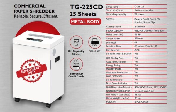 TG/225 CD Target Paper Shredder (Cross Cutt ,25 sheets, Credit Card, Paper Clips, Stapler pin) - Image 2