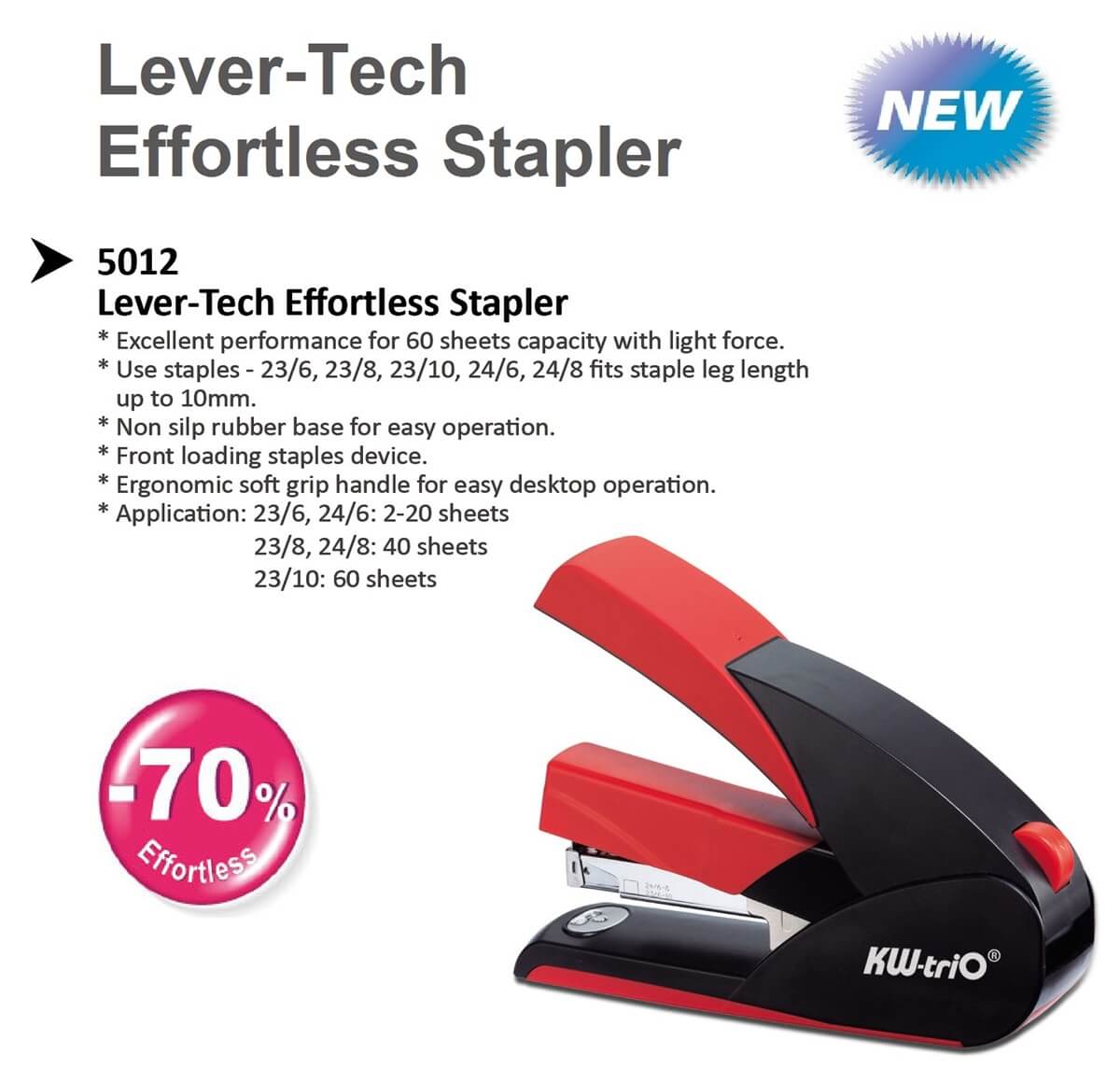 KW-triO 05012 Lever-Tech Effortless/Power Saver upto 60 Pages Semi Heavy Duty Stapler - Image 2